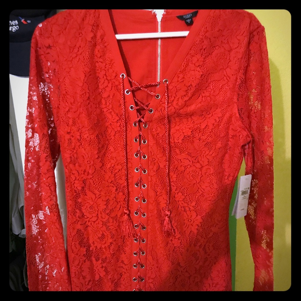 Red Guess Lace-Up Mini Dress